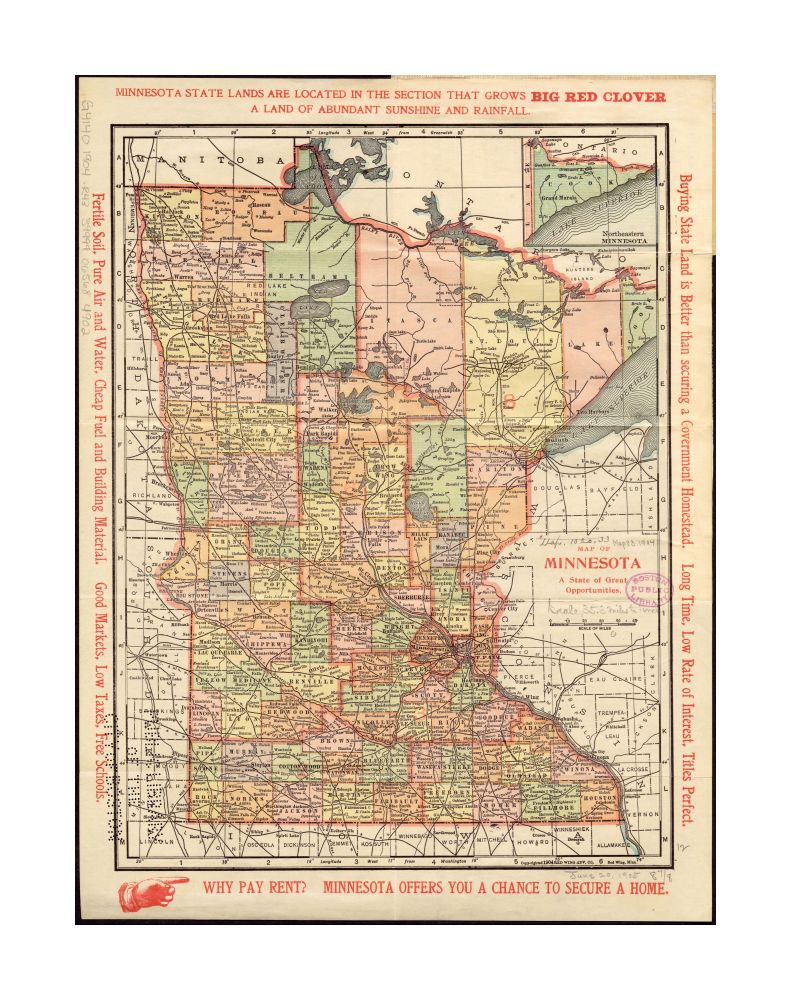 1904 Map Minnesota of Minnesota: a state of great opportunities Prime meridians: Greenwich and Washington. Includes text in margins. Inset: Northeastern Minnesota. Index to incorporated cities and towns on verso.