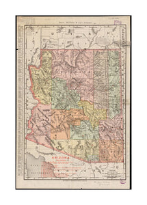 1902 Map Arizona Arizona Shows railroads, reservations, etc. Shows township and range grid. Includes index to chief cities and key to railroads. Index to counties, indian reservations, creeks, lakes, mountains, river and towns on verso.