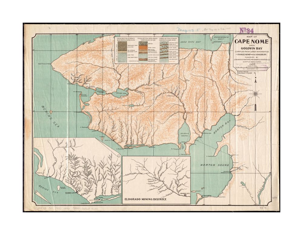 1900 Map Alaska | Nome | Cape Nome of Cape Nome and Golovin sic Bay Map | of Cape Nome and Golovnin Bay Shows cities, winter trails, Eskimo villages and drainage on the Seward Peninsula. Insets: [Nome city and vicinity] -- Eldorado Mining District. Inclu