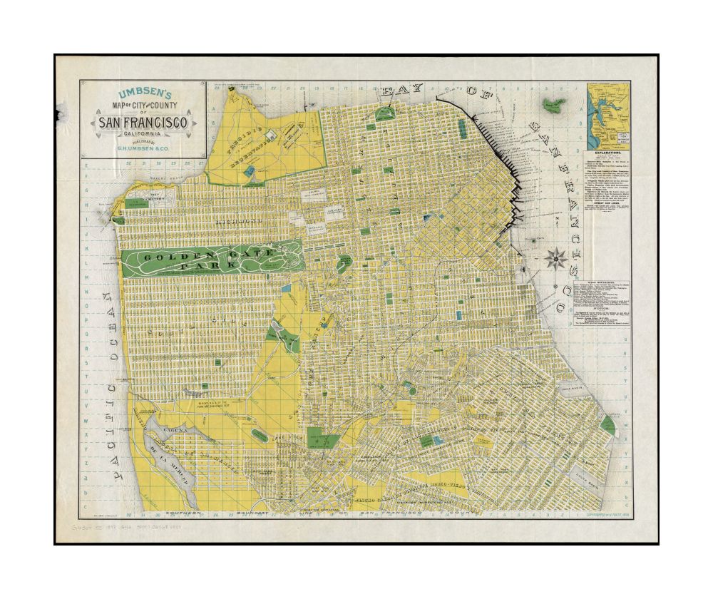 1898 Map California | San Francisco | Umbsen's of the City and County of San Francisco, California Map | of the City and County of San Francisco, Calif Shows drainage, block numbers, wharves, public buildings, tract names, radial distances from Ferry bui