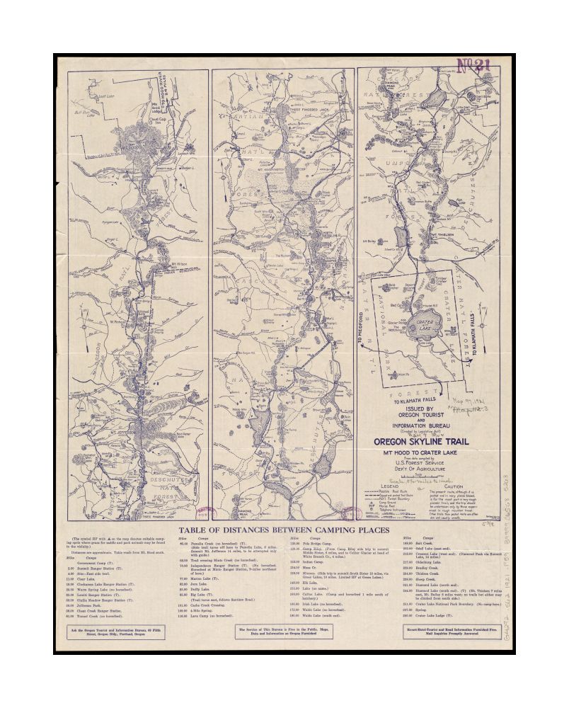 1921 Map Oregon | Skyline Trail Oregon Skyline Trail: Mt. Hood to Crater Lake Includes "Table of distances between camping places." Text on verso. "Issued by the Oregon Tourist and Information Bureau."