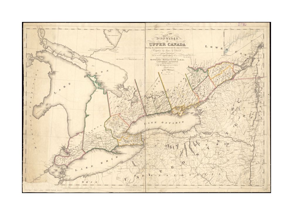 1820–1829 Map Canada | Ontario | of the province of Upper Canada shewing the organized part thereof and the adjacent county Shows counties, townships, drainage and canals. Prime meridians: Greenwich and York [i.e. Toronto]. Dedicated to Sir Peregine Mait