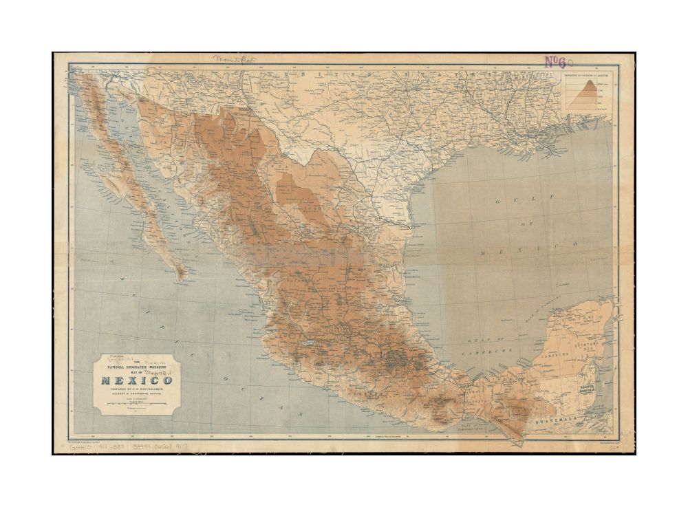1911 Map Mexico The National Geographic Magazine of Mexico Map | of Mexico , gradient tints, and spot heights. In lower left margin: The Edinburgh Geographical Institute. In lower right margin: John Bartholomew and Co.