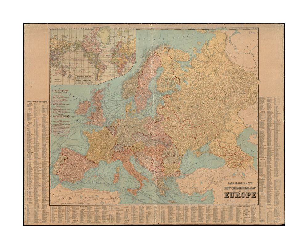 1922 Map Rand McNally and Co's new commercial of Europe New commercial Map | of Europe Shows 1914 boundaries and new boundaries after 1918. Inset: World. Rand McNally and Co.'s new indexed Map | of the United States on verso. Boston Public Library copy b