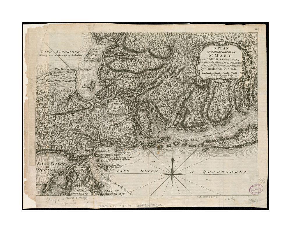 1761 Map Michigan | Chippewa | Saint Marys River | Straits of Mackinac A plan of the Straits of St. Mary, and Michilimakinac, to shew the situation and importance of the two westernmost settlements of Canada for the fur trade Removed from: London magazin - New York Map Company