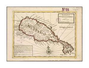 1732 Map Saint Kitts and Nevis | Saint Kitts | The island of St. Christophers, alias St. Kitts Prime meridian London. Relief shown pictorially. Oriented with north toward the upper left. From the author's Atlas minor, 1732 In upper right margin: 57. - New York Map Company