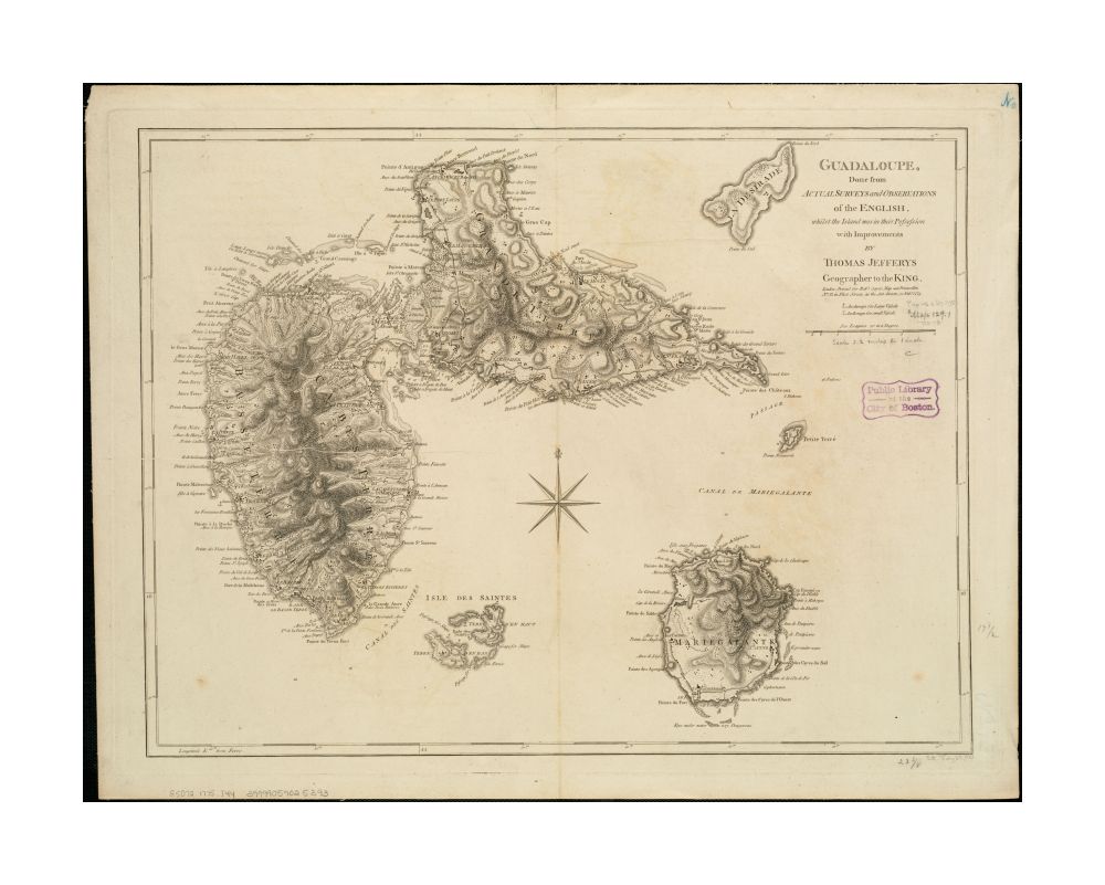 1775 Map Guadeloupe | Guadeloupe | Marie-Galante | Guadaloupe, done from actual surveys and observations of the English: whilst the island was in their possession Relief shown by hachures; Shows towns, forested areas, anchorages, shoals, churches, forts - New York Map Company