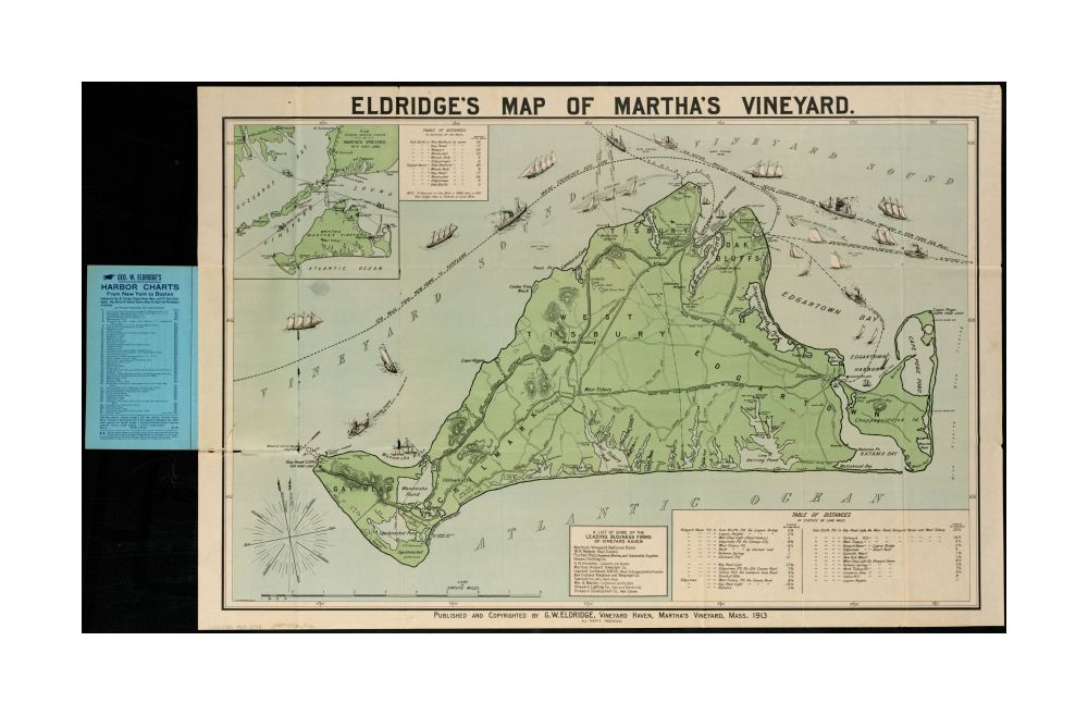 1913 Map | Dukes | Martha's Vineyard Eldridge's of Martha's Vineyard Includes tables of distances and list of some of the leading business firms. Inset: plan showing relative position of Martha's Vineyard with mainland; scale not given.