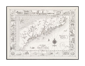 1933 Map Maine A chart of the coast of Maine Includes illustrations of fish, a ship, and a wind head. Map | bordered by 28 illustrations in rope frames. Accompanying sheet: List of border illustrations to accompany a chart of the coast of Maine.