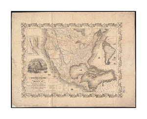 1849 Map North America | United States of the United States, the British provinces, Mexico, andc: showing the routes of the U.S. Mail steam packets to California, and a plan of the gold region Prime meridians: Greenwich and Washington. Insets: Map | of t