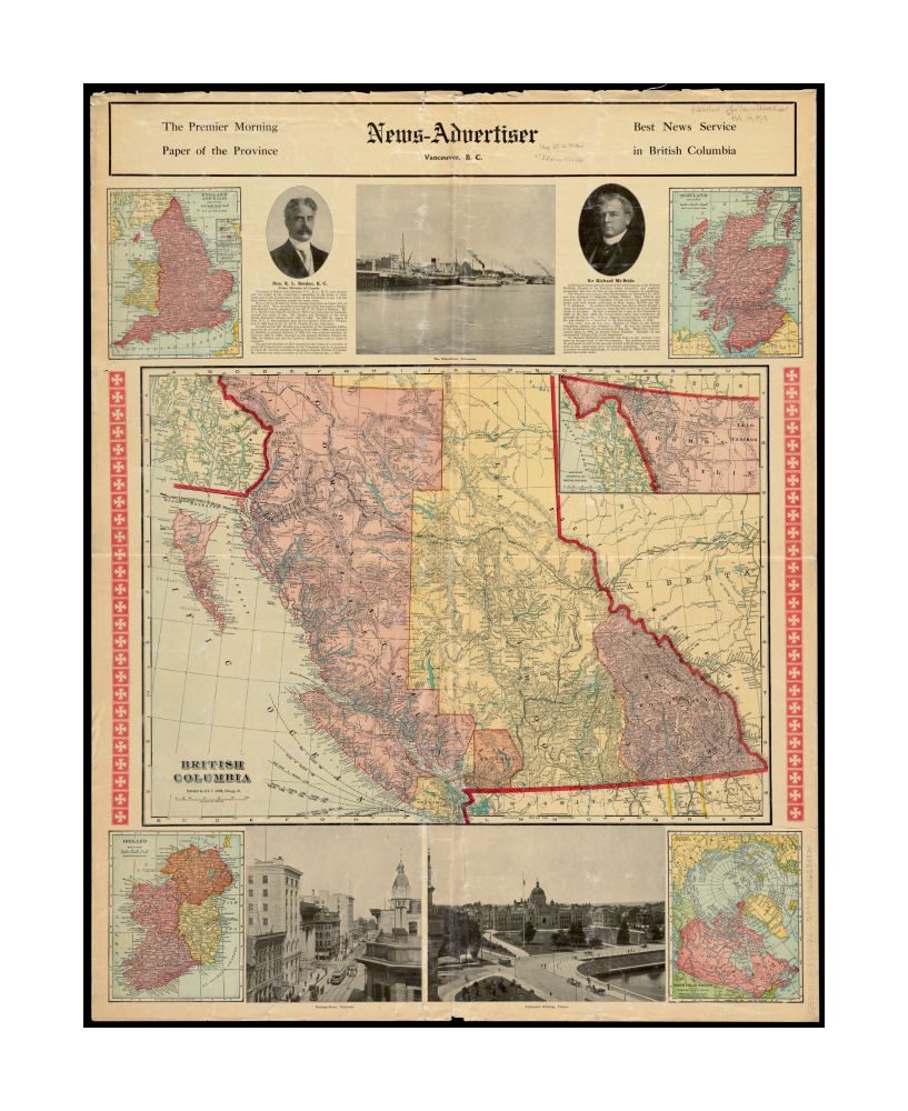 1913 Map Canada | British Columbia | British Columbia Inset: Northern Extension of British Columbia. Ancillary maps: England and Wales -- Scotland -- Ireland -- North Polar Regions. Includes text, illustrations, and portraits of R. L. Borden and Richard