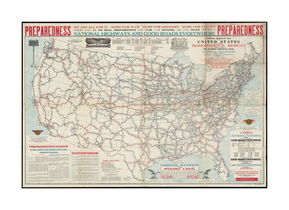 1915 Map United States National highways of the United States showing principal transcontinental highways and connecting system of one hundred thousand miles of national highways proposed by the National Highways Association Published under direction of