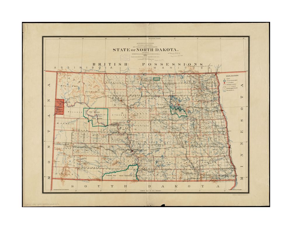 1892 Map North Dakota State of North Dakota Prime meridians: Washington and Greenwich.