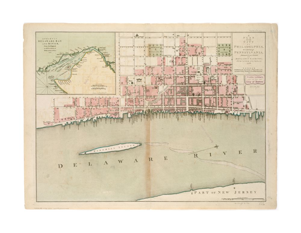 1776 Map Delaware Bay A plan of the city of Philadelphia, the capital of Pennsylvania, from an actual survey Oriented with north toward the upper right. Shows name and location of important buildings and wharf facilities. Inset: A chart of Delaware Bay a