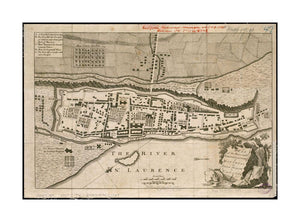 1758 Map Canada | Quebec | Montréal, Île de Plan of the town and fortifications of Montreal or Ville Marie in Canada Oriented with north to the upper right. Shows buildings and fortifications. Publication data suggested by similar maps. - New York Map Company