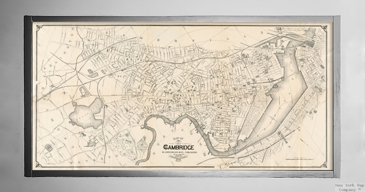 1895 Map | Middlesex | Cambridge of Cambridge Shows city wards and lines, some buildings, and radial distances from City Hall. From: The Cambridge directory, 1895. Oriented with north toward the upper left. On verso: advertisements.