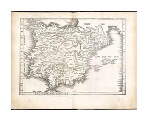 1525 Map Iberian Peninsula | Spain | Portugal Tab. mo. Hispan Tabula moderna Hispaniae Tabula moderna Hispania Tabula secunda Europae Map | of Spain and Portugal. Relief shown pictorially. Includes names of places and natural features. Descriptive text w - New York Map Company