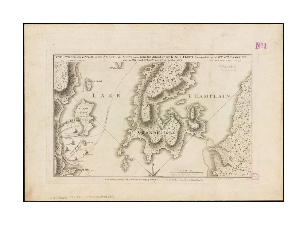 1776 Map Champlain, Lake The attack and defeat of the American fleet under Benedict Arnold, by the King's fleet commanded by Capt. Thos. Pringle, upon Lake Champlain, the 11th of October, 1776 Original issue, without the account of the battle below the m