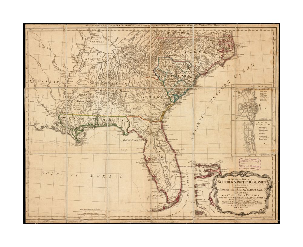 1776 Map South Carolina | Charleston | Saint Augustine A general of the southern British colonies in America comprehending North and South Carolina, Georgia, East and West Florida, with the neighbouring Indian countries: From the modern surveys of engine