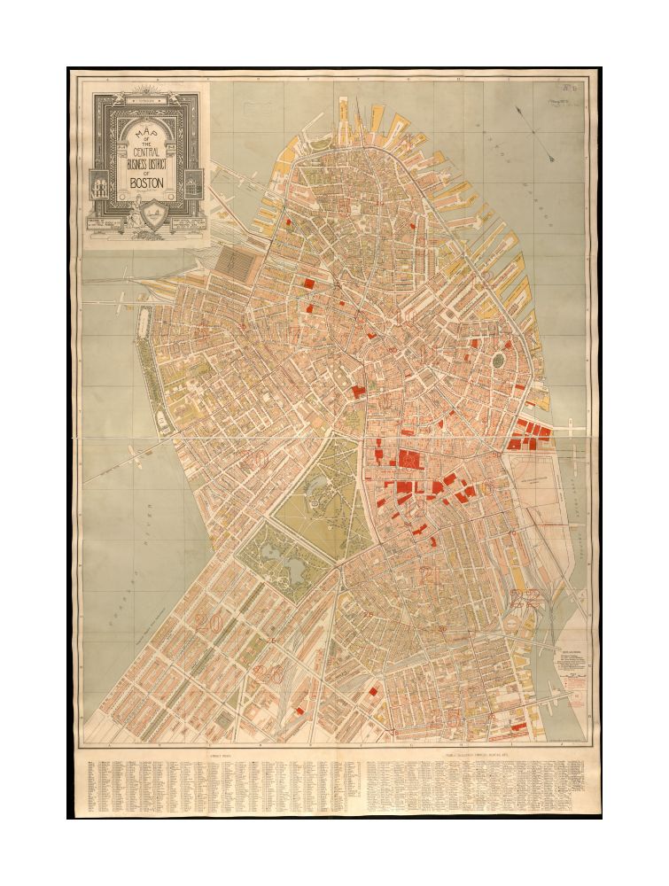 1896 Map Boston of the central business district of Boston Oriented with north toward the upper left. Includes index to places of interest and streets.