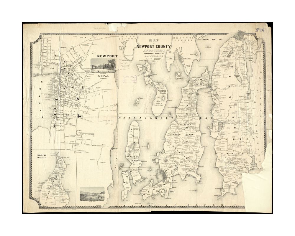 1850 Map Rhode Island | Newport | of Newport County, Rhode Island Covers area north from Brenton's Reef to Mount Hope Bay and east from Warwick Neck to Bristol County. Shows names of landowners. Insets: Newport -- Block Island. Includes 2 illustrations.
