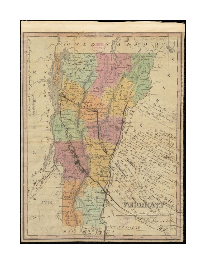 1824–1834 Map Vermont Vermont Relief shown pictorially. Prime meridians: Washington and Greenwich. From Finley's New general atlas; editions published from 1824-1834. Margins, including imprint, trimmed off. Boston Public Library copy has extensive manus
