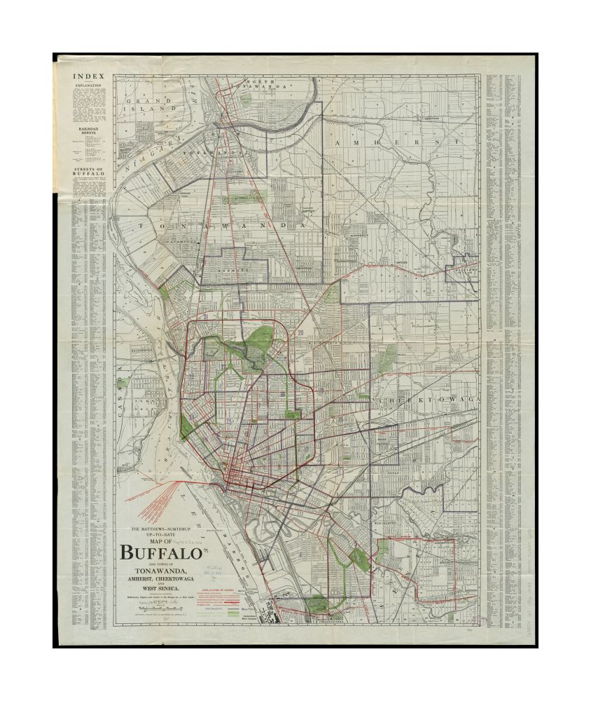 1916 Map New York | Erie | North Tonawanda The Matthews-Northrup up-to-date of Buffalo and Towns of Tonawanda, Amherst, Cheektowaga and West Seneca Depths shown by soundings and isolines. Includes index.