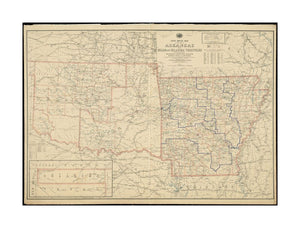 1895 Map Arkansas | Oklahoma Post route of the State of Arkansas and of Indian and Oklahoma territories with adjacent portions of Mississippi, Tennessee, Missouri, Kansas, Texas and Louisiana showing post offices with the intermediate distances and mail
