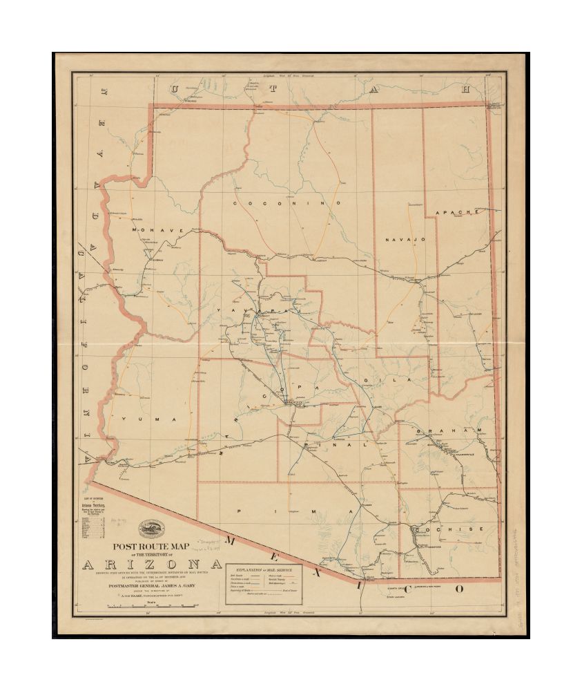 1897 Map Arizona Post route of the territory of Arizona showing post offices with the intermediate distances on mail routes in operation on the 1st. of December, 1897 Also shows railroads and counties. Includes lists of counties showing relative position