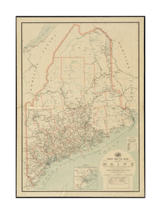 1897 Map Maine Post route of the state of Maine showing post offices with the intermediate distances on mail routes in operation on the 1st. of December 1897 Also shows counties and railroads. Inset: Environs of Portland. Includes list of counties showin