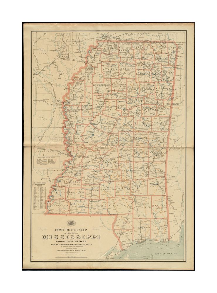 1897 Map Mississippi Post route of the state of Mississippi showing post offices with the intermediate distances on mail routes in operation on the 1st. of December, 1897 Also shows railroads and counties. Includes list of counties showing relative posit