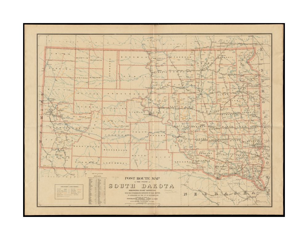 1897 Map South Dakota Post route of the state of South Dakota showing post offices with the intermediate distances on mail routes in operation on the 1st of December, 1897 Also shows railroads and counties. Includes list of counties showing relative posi