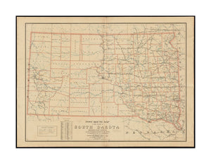 1897 Map South Dakota Post route of the state of South Dakota showing post offices with the intermediate distances on mail routes in operation on the 1st of December, 1897 Also shows railroads and counties. Includes list of counties showing relative posi