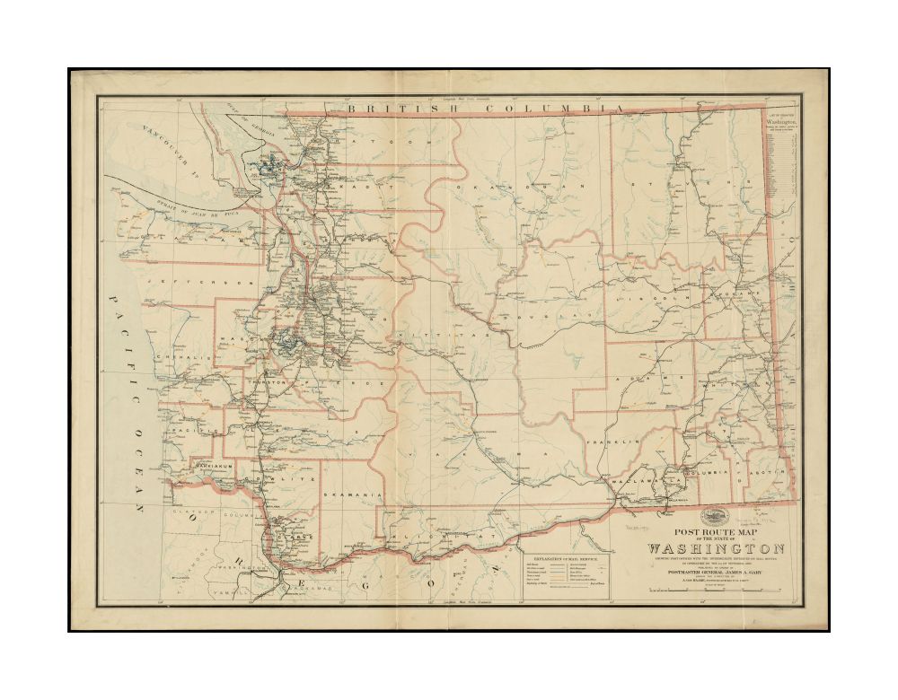 1897 Map Washington Post route of the state of Washington showing post offices with the intermediate distances on mail routes in operation on the 1st. of September, 1897 Also shows railroads and counties. Includes list of counties showing relative positi