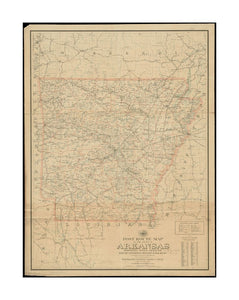 1903 Map Arkansas Post route of the state of Arkansas showing post offices with the intermediate distances on mail routes in operation on the 1st of December, 1903 Also shows counties and railroads. Includes lists of counties showing relative position.