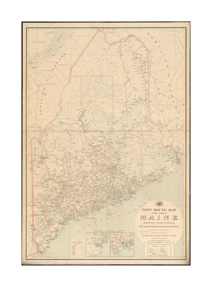1903 Map Maine Post route of the state of Maine showing post offices with the intermediate distances on mail routes in operation on the 1st of December, 1903 Also shows counties and railroads. Insets: Environs of Portland -- Environs of Bath. Includes li
