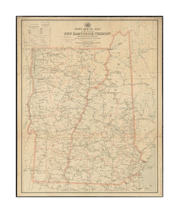 1903 Map Vermont | New Hampshire Post route of the states of New Hampshire, Vermont showing post offices with the intermediate distances on mail routes in operation on the 1st of December, 1903 Also shows counties and railroads. Includes lists of countie