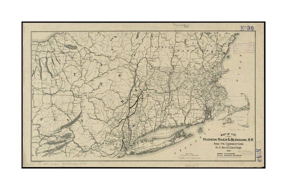 1897 Map New England | New York of the Hudson River and Berkshire R. R. and its connections Map | of Mass copyrighted 1891 by Geo. H. Walker.