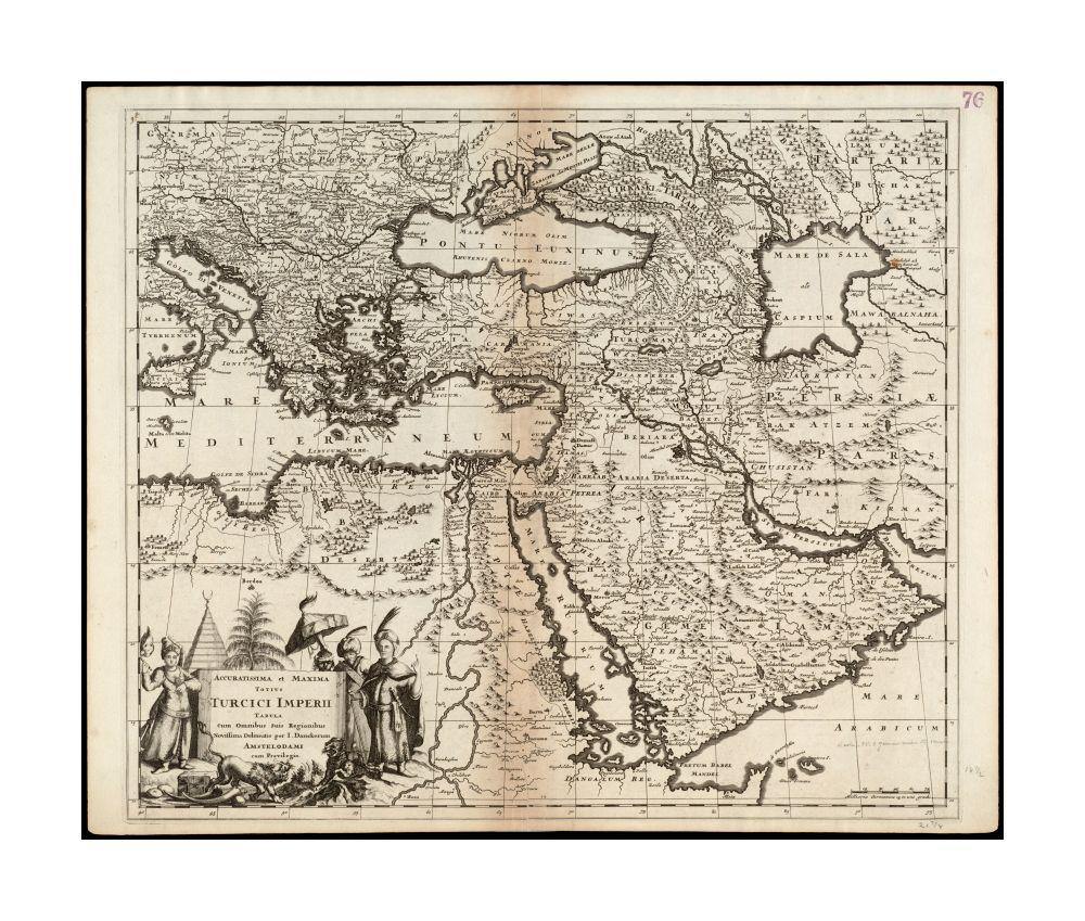 1680 Map Turkey | Middle East Accuratissima et maxima totius Turcici Imperii tabula cum omnibus suis regionibus novissima delineatio Collection of old maps Map | of the Middle East. Relief shown pictorially. - New York Map Company