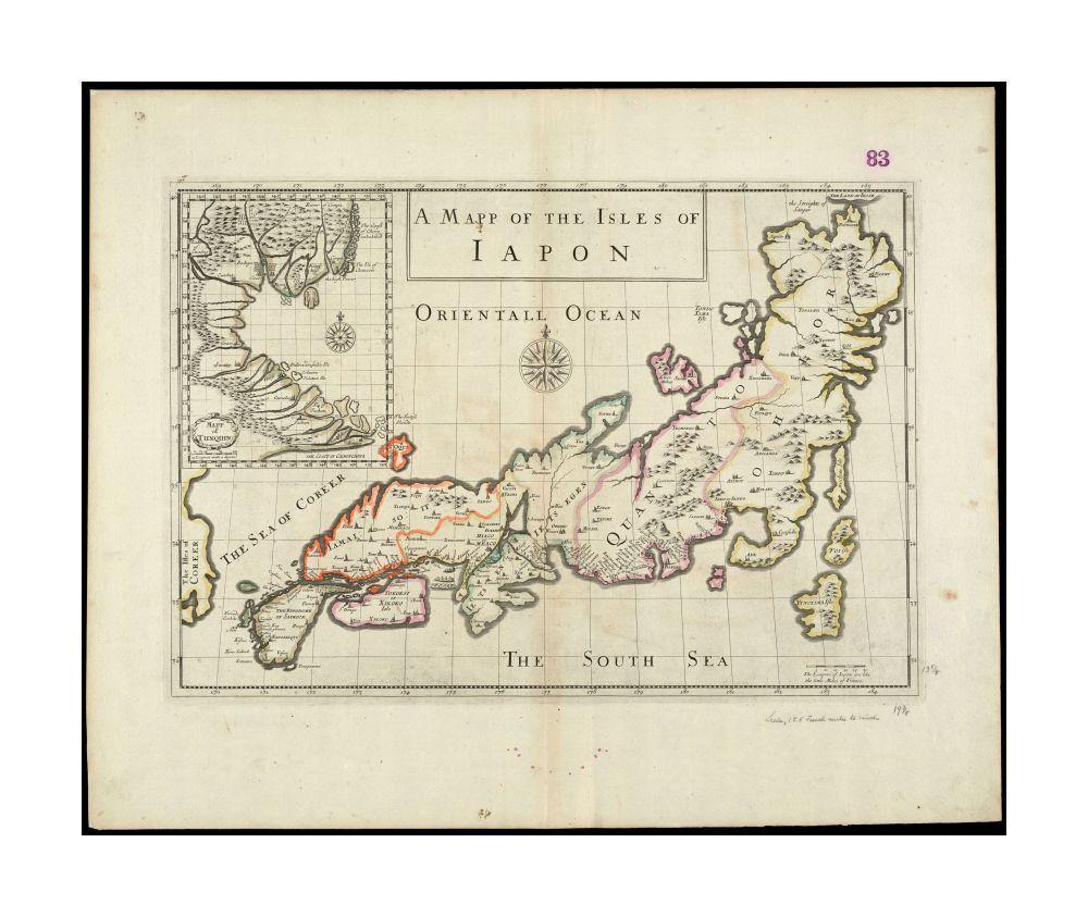 1684 Map Viet Nam | North Vietnam | Japan | A mapp of the Isles of Iapon Mapp of the Isles of Japon Collection of old maps Relief shown pictorially. Inset: Mapp of Tunquin. Appears in Collections of travels through Turkey into Persia, and the East-Indies - New York Map Company