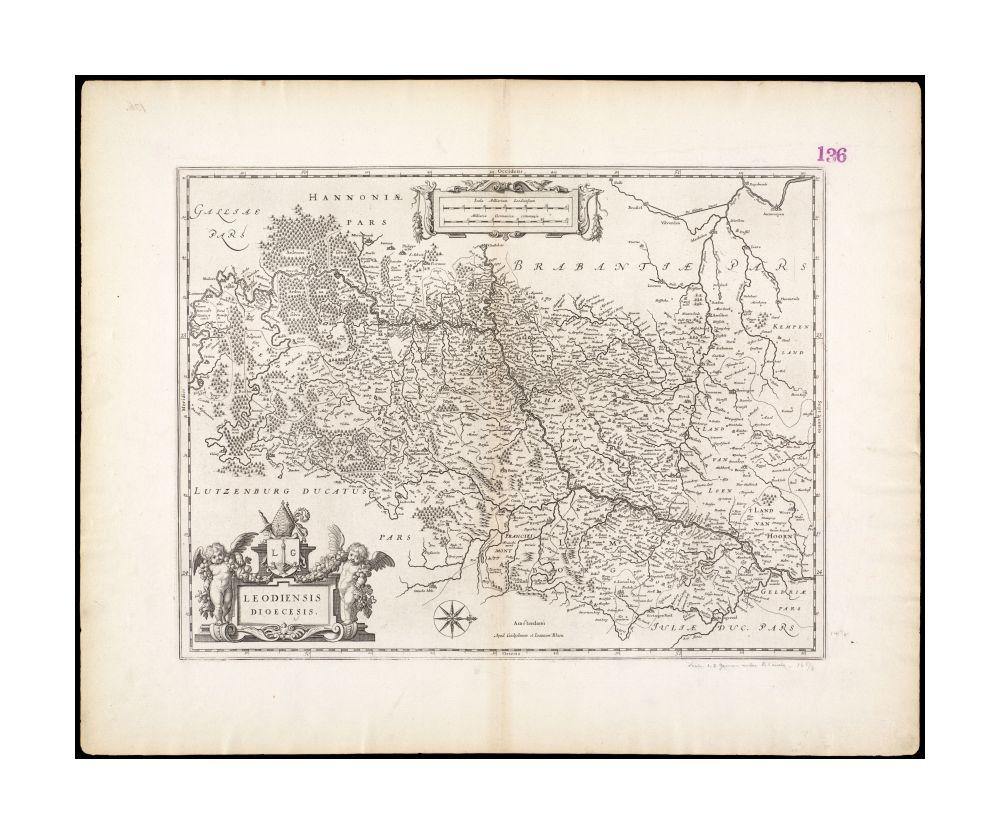 1635 Map Belgium | Wallonia | Liège province Leodiensis dioecesis Collection of old maps Map | of the historical Ecclesiastical principality of Lie?ge, Belgium. Relief shown pictorially. Oriented with north to the right. Verso is blank. - New York Map Company