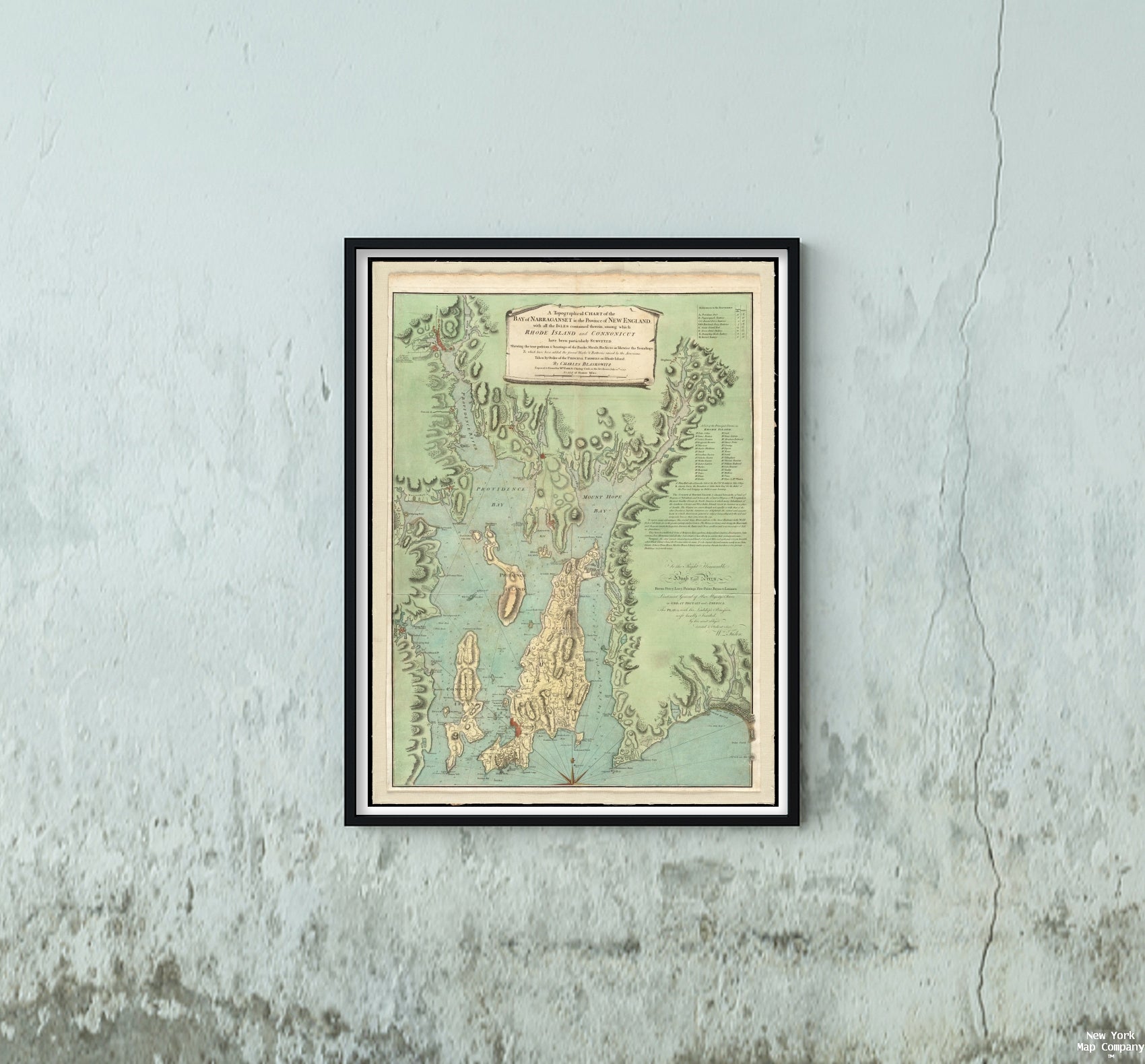 1777 Map Rhode Island|Bristol|Narragansett Bay A topographical chart of the bay