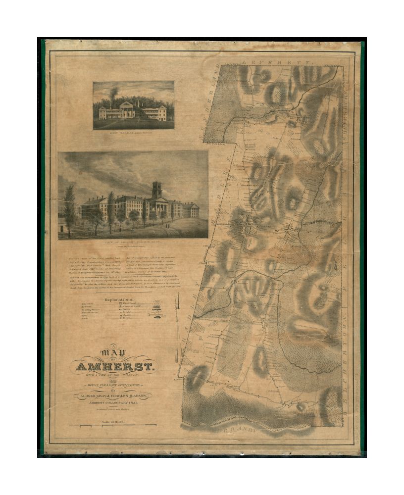 1833 Map | Hampshire | Amherst | Amherst College of Amherst with a view of the college and Mount Pleasant Institution Includes notes on the history of Amherst and Amherst College; illustrations of Mount Pleasant Institution and Amherst College; explanati