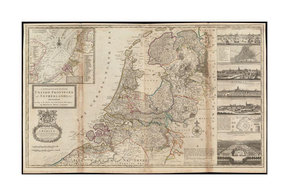 1710–1719 Map Netherlands A new and exact of the United Provinces, or Netherlands andc Relief shown pictorially. Dedicated to Charles, Lord Viscount Townshend. Insets: A chart of part of the coastlands and banks of England and Holland andc. -- Amsterdam - New York Map Company