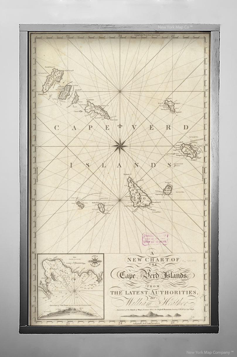 1805 Map Cape Verde A new chart of the Cape Verd Islands, from the latest authorities Relief shown pictorially. Depth shown by soundings. Inset: A Chart of Port Praya in the Isle of St. Jago. Includes coastal view.