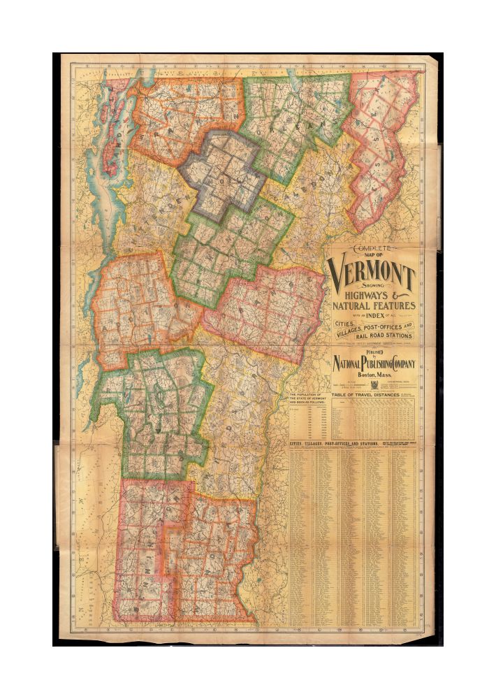 1902 Map Vermont Complete of Vermont showing highways and natural features with an index of all cities, villages, post-offices and railroad stations Includes index, table of distances, and population figures.