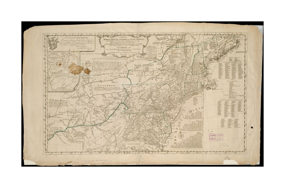 1776 Map Northeastern United States of the middle British colonies in North America: first published by Mr. Lewis Evans, of Philadelphia, in 1755; and since corrected and improved, as also extended, with the addition of New England, and bordering parts o