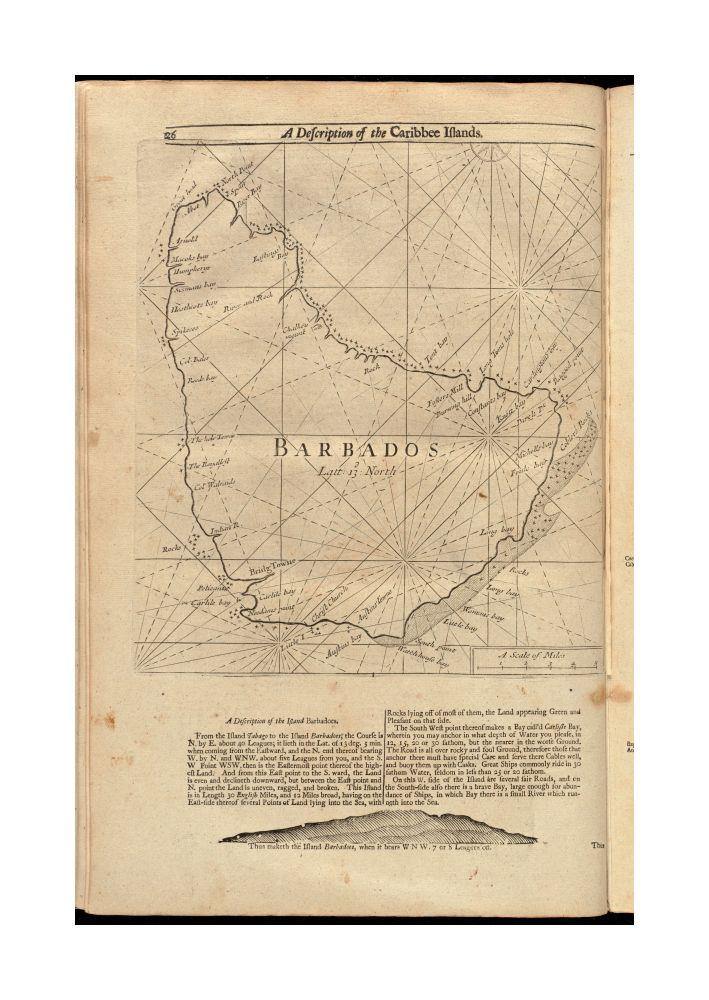 1737 Map Barbados Barbados Page (p. 26) includes text and coastal profile of Barbados. Running A description of the Caribbee Islands. Verso (p. 25) includes text and Map | of Tabago Road. Running A description of Virginia and Mary-Land. In the English pi - New York Map Company