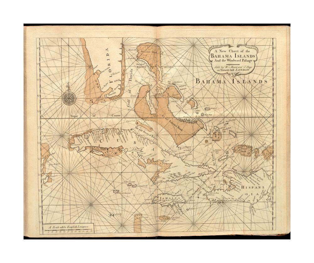 1737 Map Bahamas | West Indies A new chart of the Bahama Islands and the Windward Passage Relief shown pictorially. In the English pilot, the fourth book. London: Printed for William Mount and Thomas Page, 1737. - New York Map Company