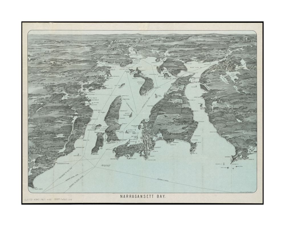 1907 Map Rhode Island | Bristol | Narragansett Bay Narragansett Bay Bird's eye view of Narragansett Bay Bird's-eye view of the bay from the south to Newport and Providence. On cover: Published by Rhode Island News Co., Providence, R.I. List of maps by Wa